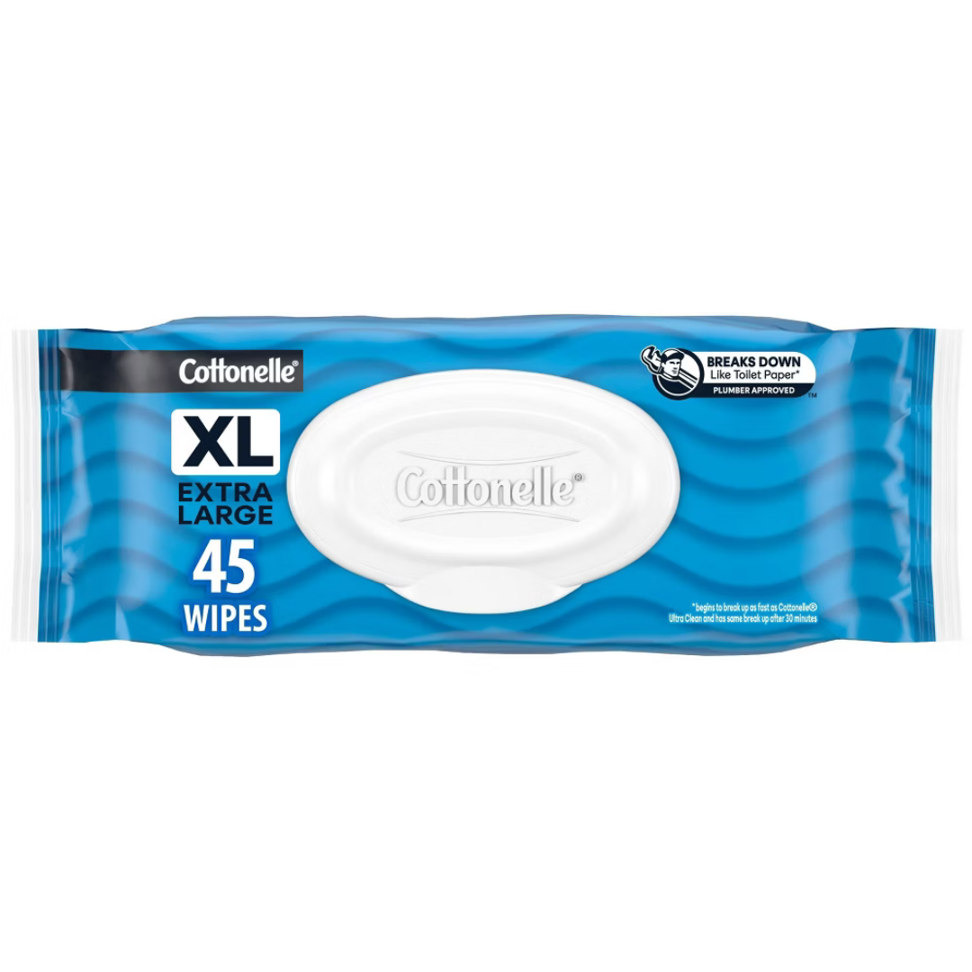 Cottonelle XL flushable wipes unscented in a 45-count package, designed for gentle, effective personal cleaning.