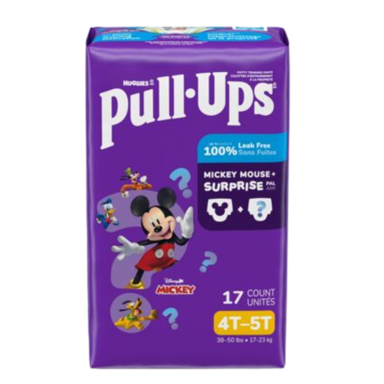 Huggies Pull-Ups Boys potty training pants in 4T-5T size, 17-count pack, featuring colorful cartoon designs for boys.