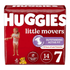 Huggies Little Movers size 7 diapers in a 14-count pack, featuring colorful cartoon characters and snug fit design