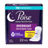 Poise overnight extra coverage incontinence pads, 22 count, showing soft, absorbent pads with discreet design for women.