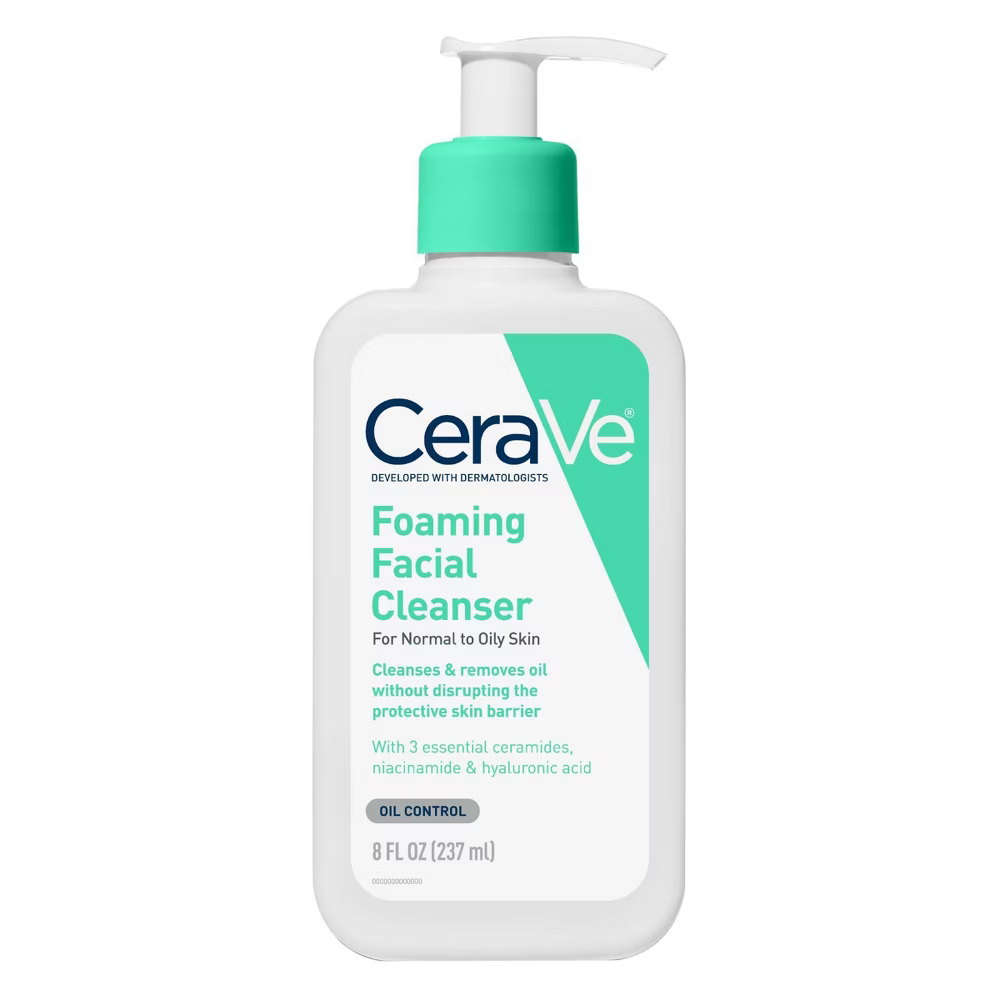 CeraVe Foaming Facial Cleanser in 8 oz bottle, gentle skin care product for deep cleansing and oil control.