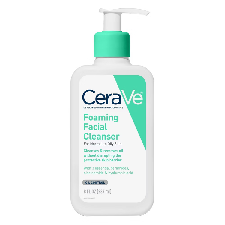 CeraVe Foaming Facial Cleanser in 8 oz bottle, gentle skin care product for deep cleansing and oil control.