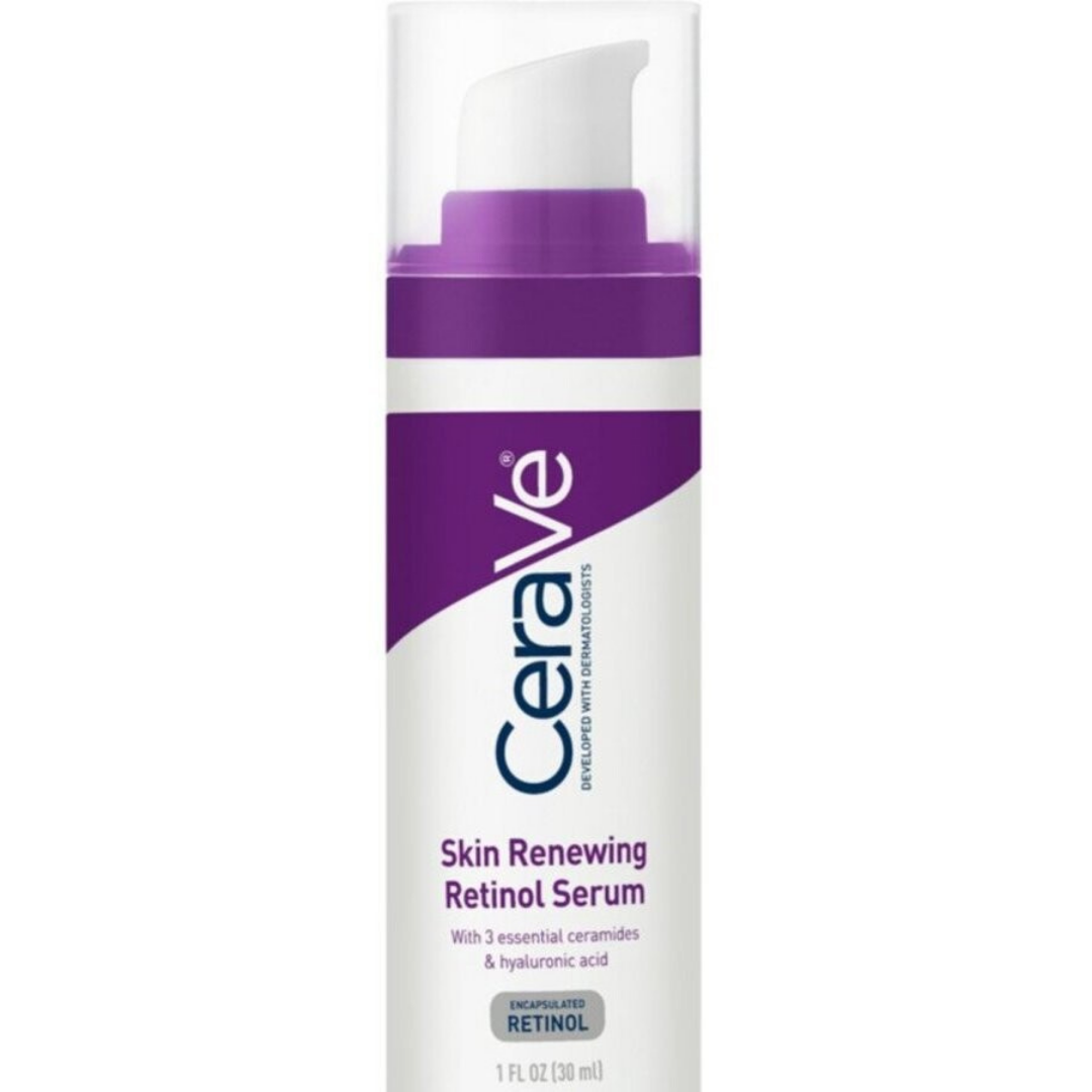 CeraVe Skin Renewing Retinol Serum 1oz bottle, skincare product in a white tube with blue and red accents, on a neutral background.