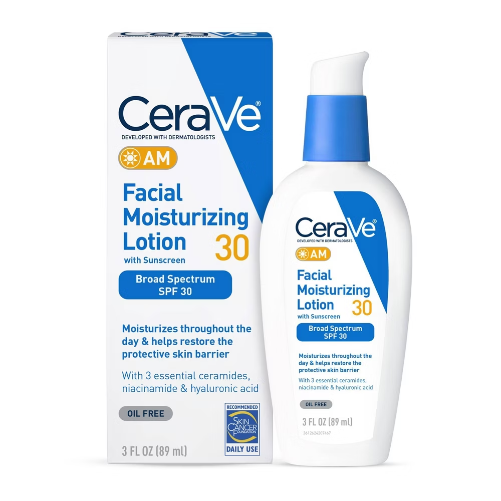 CeraVe AM facial moisturizing lotion with SPF 30 in 3 oz bottle, skincare product for daytime hydration and sun protection.