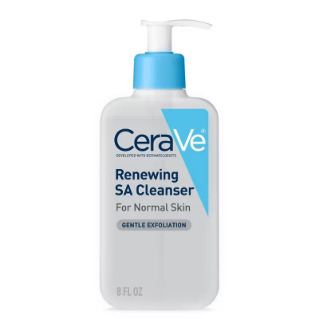 CeraVe Renewing SA Cleanser for normal skin in 8oz bottle, showing the white pump bottle with blue and white label.
