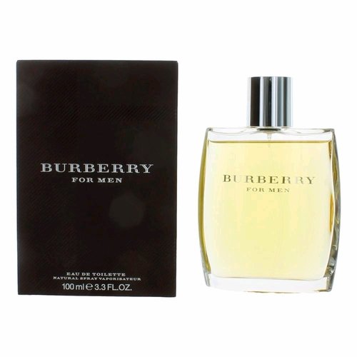 Burberry for Men Eau De Toilette spray cologne in 3.3 oz bottle, featuring classic packaging and branding.