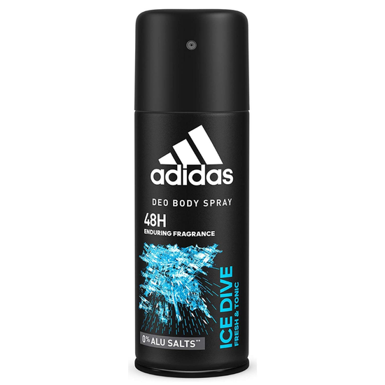 Adidas Ice Dive Men’s antiperspirant spray in 5.1oz bottle, featuring blue and silver packaging with a fresh, aquatic design.