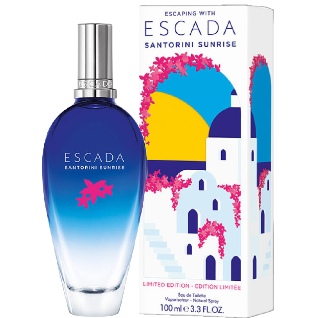 Escada Santorini Sunrise Eau de Parfum for women, 3.4oz bottle, with elegant floral and citrus fragrance design.