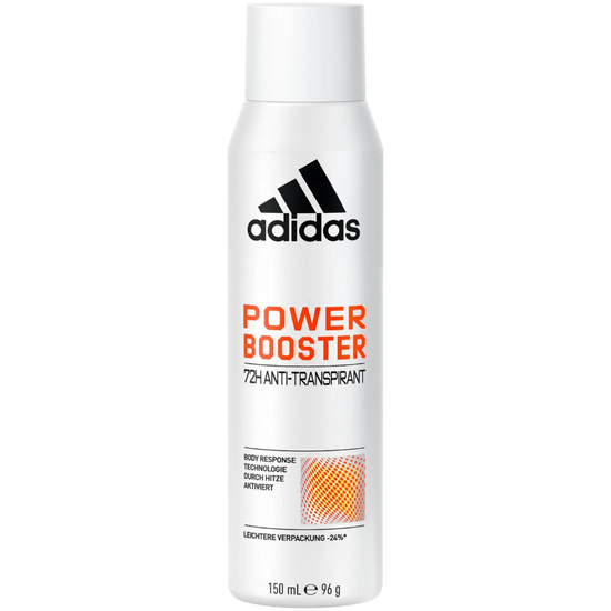 Adidas Power Booster Antiperspirant Spray for Men, 5.1oz, with aerosol can and brand logo visible.