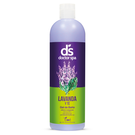 Lavanda y té Doctor Spa Bath Gel by Farmacias Savia in a 25 oz bottle, featuring a lavender and tea scent with a clear bottle.