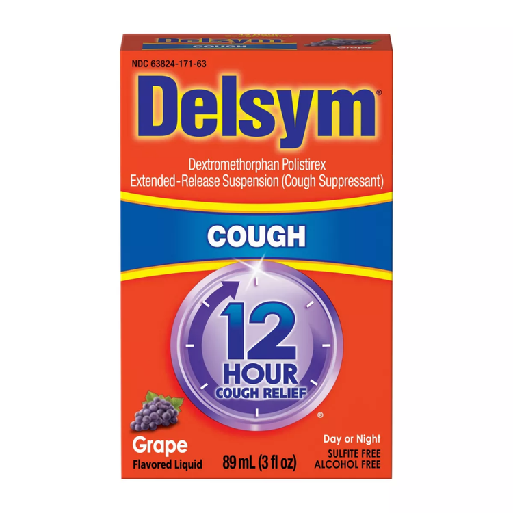 Delsym 12 Hour Cough Relief Liquid Grape flavor in 3oz bottle, herbal cough syrup by Farmacias Savia