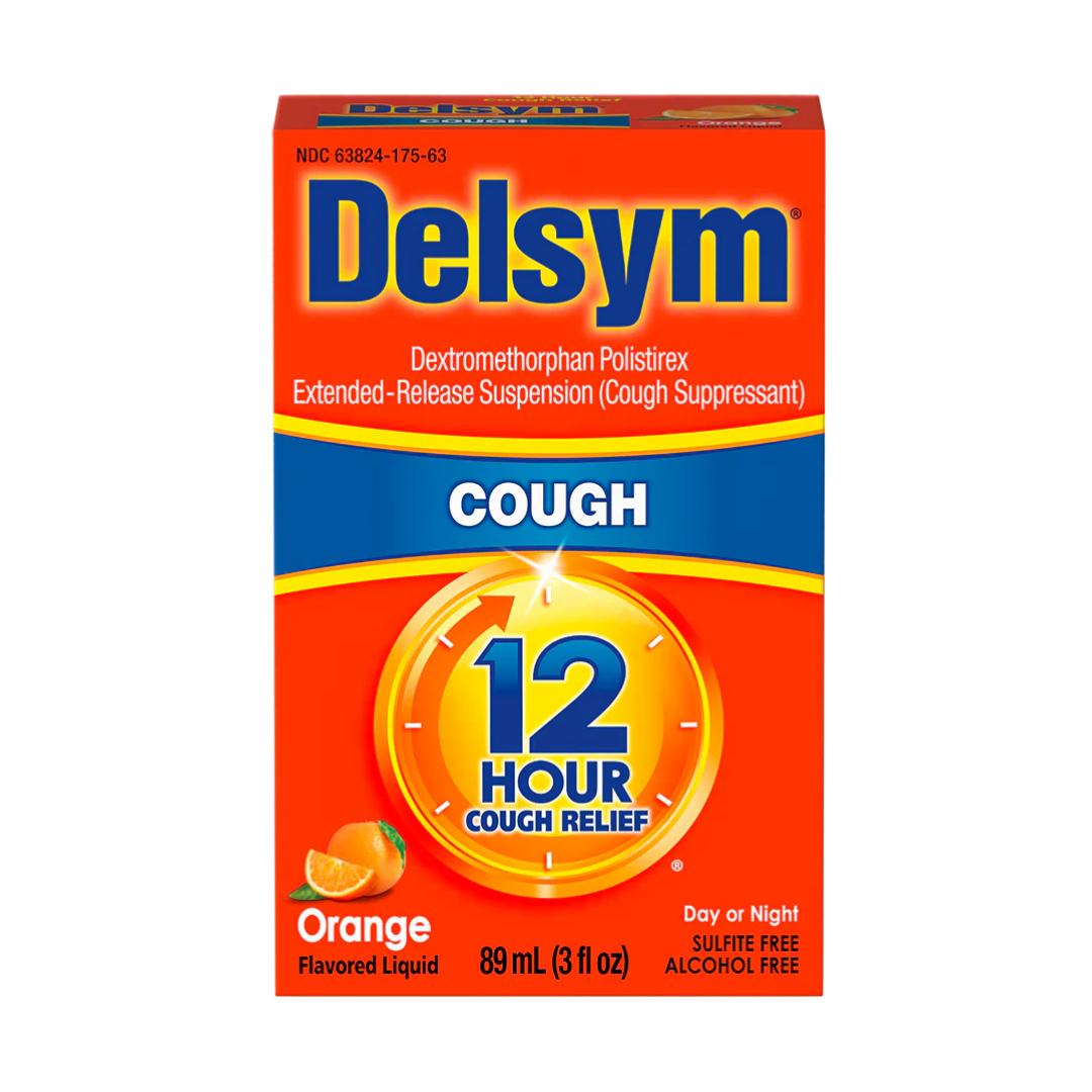 Delsym 12 Hour Cough Relief Orange syrup bottle from Farmacias Savia, 3oz, with orange flavor label and dosing cap.