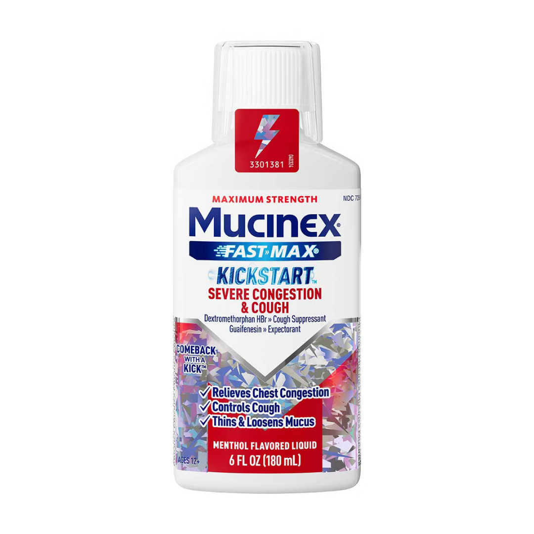 Mucinex Fast-Max Kickstart Severe Congestion and Cough liquid in a 6oz bottle, designed to relieve severe cold symptoms.