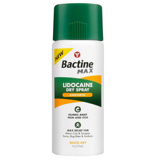 Farmacias Savia Bactine Max Lidocaine pain relief spray 4oz bottle with spray nozzle for minor skin pain relief.