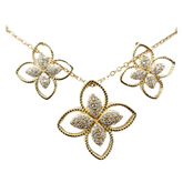 Elegant floral and gemstone jewelry set with matching necklace and earrings, featuring colorful floral designs and sparkling stones.