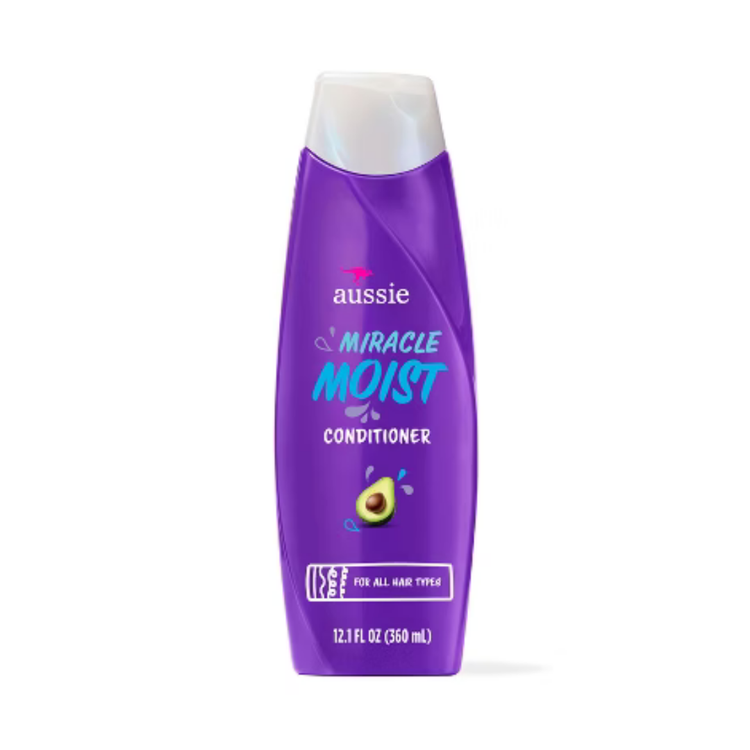 Aussie Miracle Moist Conditioner with Avocado in 12.1oz bottle, showing the conditioner with green avocado imagery on the label.