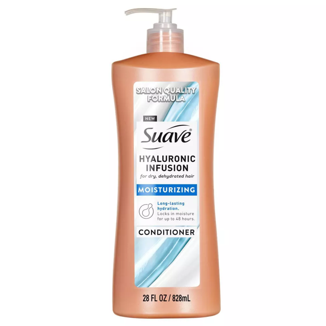 Suave Hyaluronic Infusion Moisturizing Conditioner for dry hair in a 28oz bottle, featuring a creamy texture and hydrating formula.