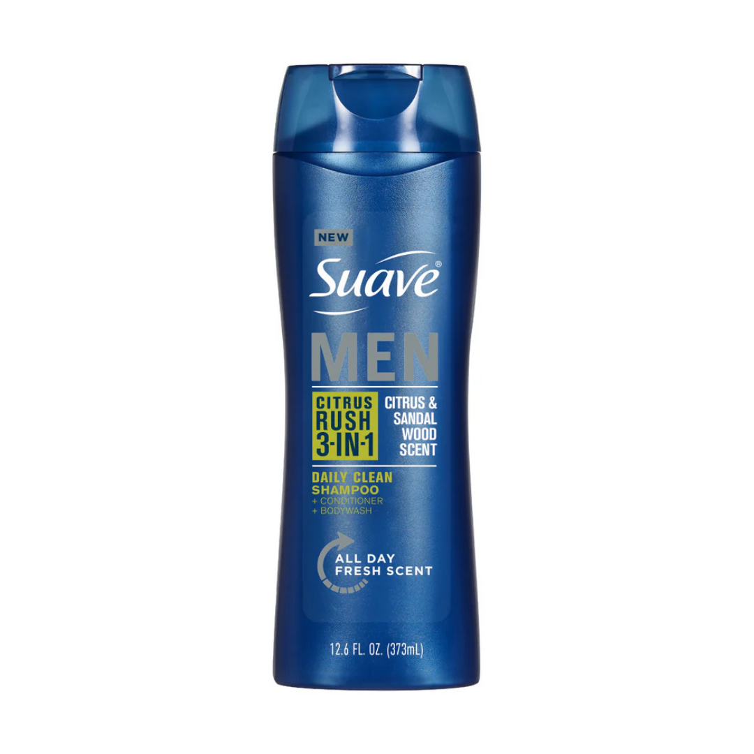 Suave Men 3-in-1 Citrus Rush shampoo, conditioner, and body wash bottle with citrus scent, 12.6 fl oz.