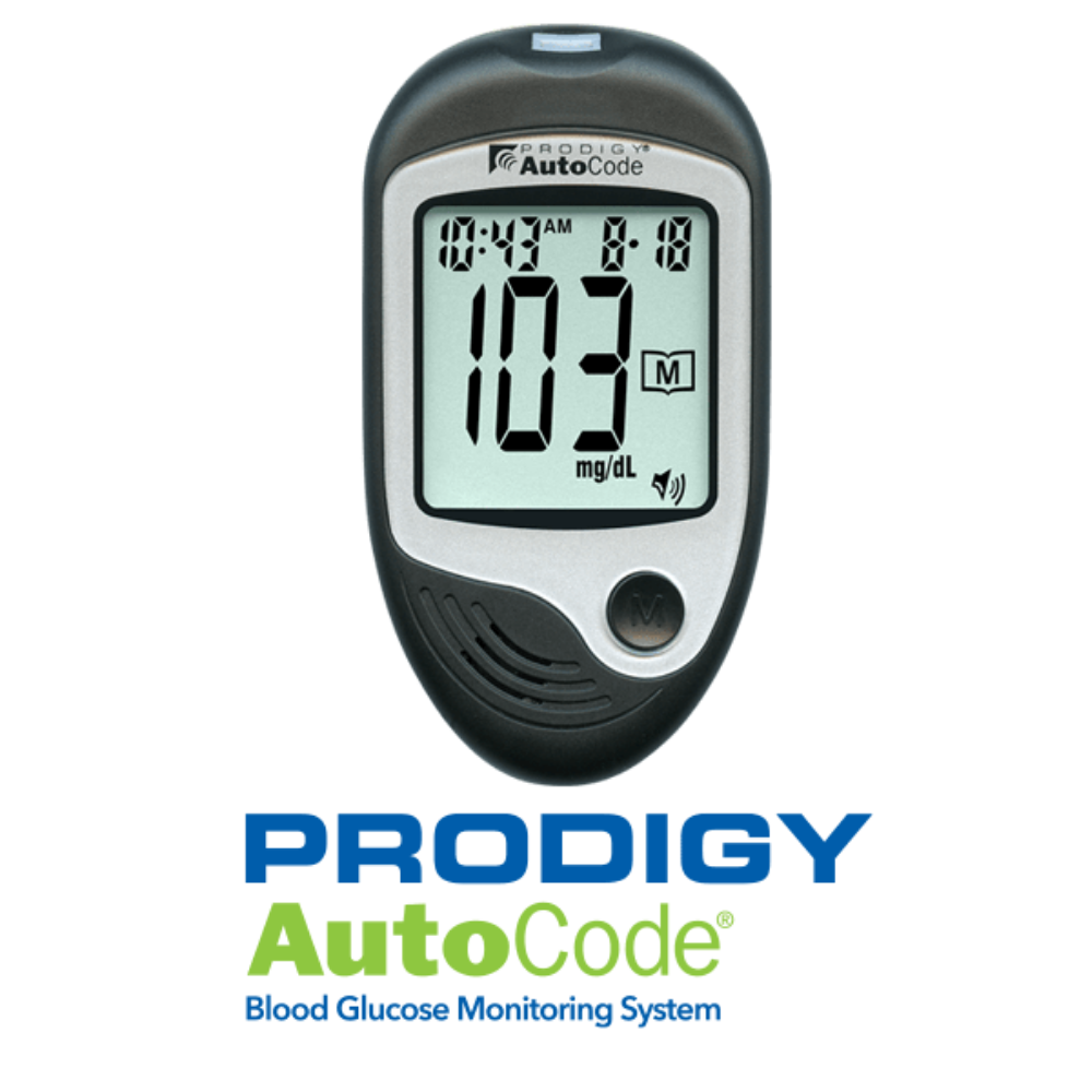 Prodigy AutoCode blood glucose monitor by Farmacias Savia showing digital screen and testing strip for blood sugar measurement