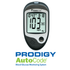 Prodigy AutoCode blood glucose monitor by Farmacias Savia showing digital screen and testing strip for blood sugar measurement