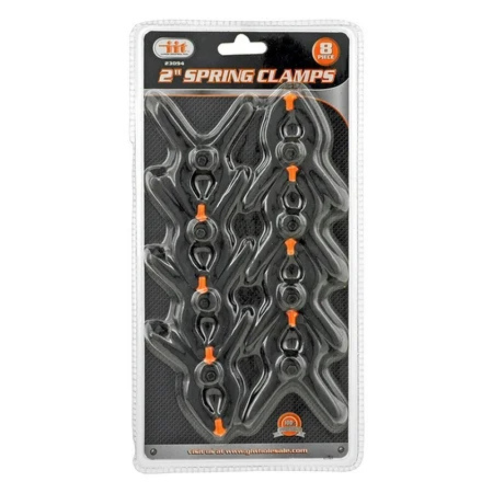 Illinois Industrial Tool 2-inch hand spring clamp set with 8 metal clamps, ideal for woodworking and DIY projects.