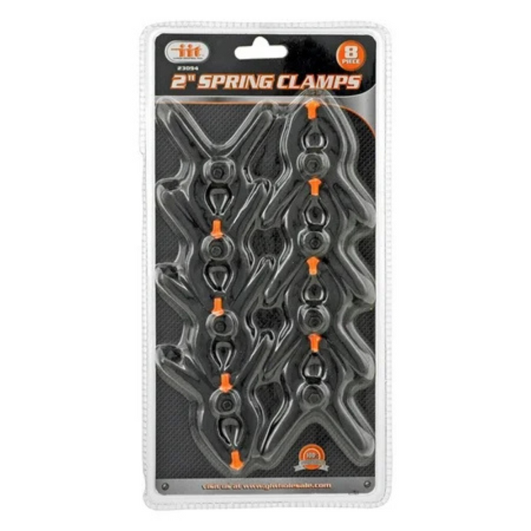 Illinois Industrial Tool 2-inch hand spring clamp set with 8 metal clamps, ideal for woodworking and DIY projects.