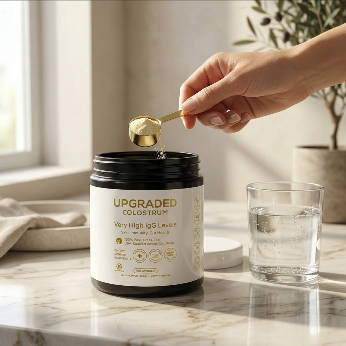 Upgraded Formulas® upgraded colostrum supplement bottle with label, placed on a wooden surface with a blurred natural background.
