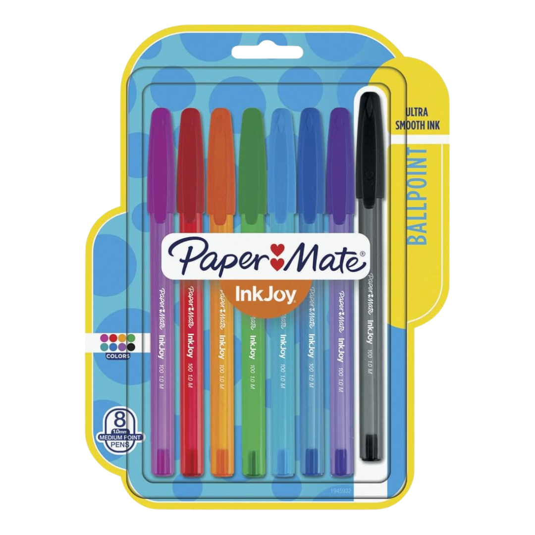 Set of Paper Mate school pens and mechanical pencils in assorted styles, ideal for students and classroom use.