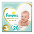 Pampers Premium Care Size 3 diapers, 20 count, showing soft, absorbent diaper material with elastic waistband and fastening tabs.
