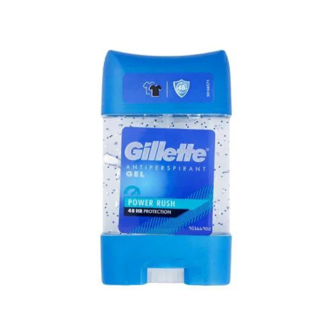 Gillette Power Rush Deodorant 2.4oz stick, fresh scent, in a white and blue container with blue cap.
