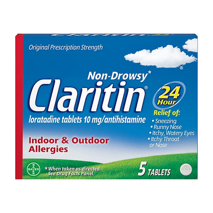 Box of Claritin Allergy Relief Tablets by Farmacias Savia, showing five tablets inside a white and orange packaging.