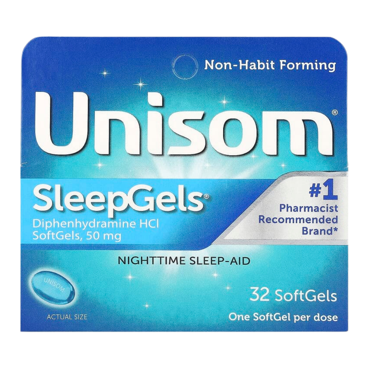 Unisom SleepGels nighttime sleep-aid softgels with 50mg diphenhydramine HCl, shown in a blister pack.
