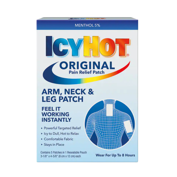 Icy Hot Original medicated pain relief patches for arm, neck, and leg from Farmacias Savia, shown in a pack of five.
