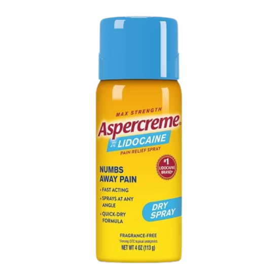 Farmacias Savia Aspercreme Lidocaine pain relief dry spray bottle, 4oz, for targeted pain relief with lidocaine inclusion.