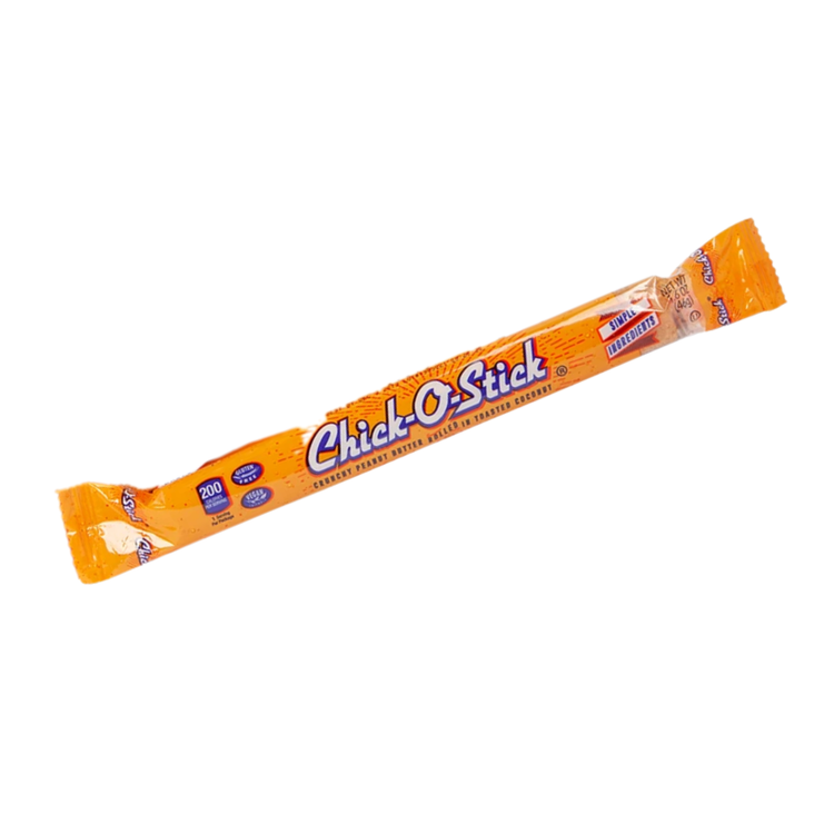 Atkinson Chick-O-Stick crunchy peanut butter candy in a 1.6oz bar, featuring a textured peanut-filled exterior.