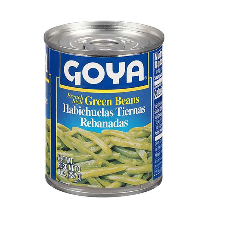 Canned French-style tender green beans by Goya in 8 oz can, ready to serve, displayed on a white background.