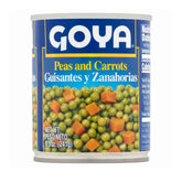 Canned Goya peas and carrots mixed vegetables in 8.5 oz can, showing colorful peas and carrots in a clear container