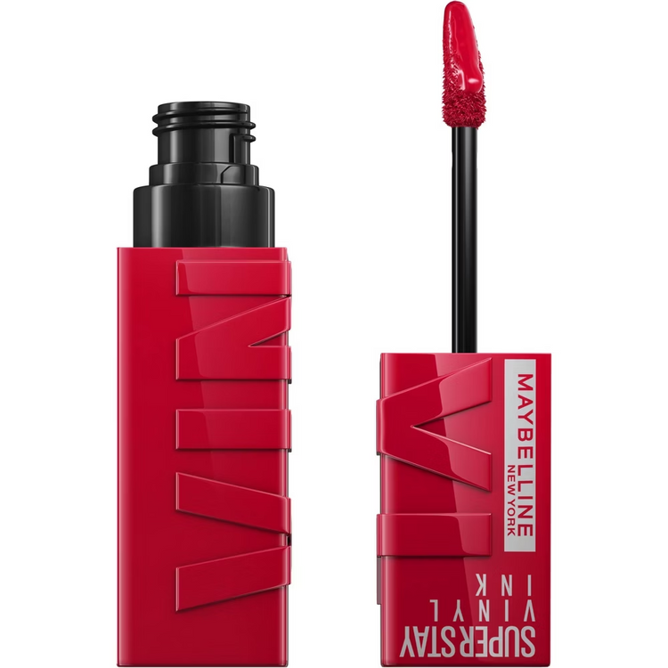 Maybelline Super Stay Vinyl Ink liquid lipstick in shade 50 Wicked, showcasing bold red color in a 0.14 fl oz tube.