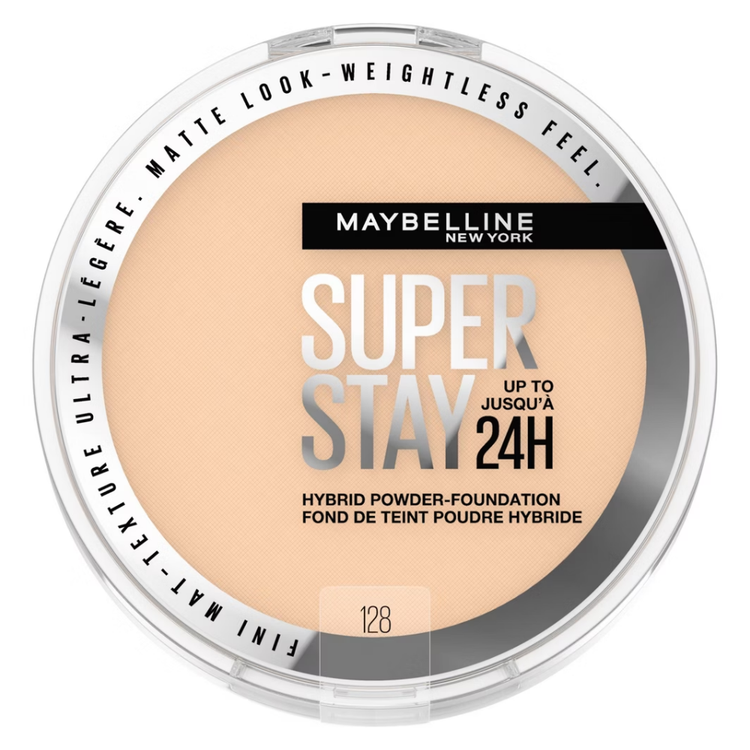 Maybelline Super Stay Matte 24HR Hybrid Pressed Powder Foundation in shade 128, compact with pressed powder for a matte finish.