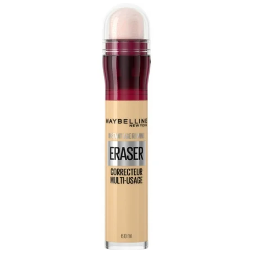 Maybelline Instant Age Rewind Eraser Dark Circles Concealer tube showing applicator and packaging, for brightening under-eye area.