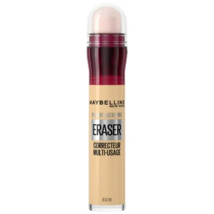 Maybelline Instant Age Rewind Eraser Dark Circles Concealer tube showing applicator and packaging, for brightening under-eye area.