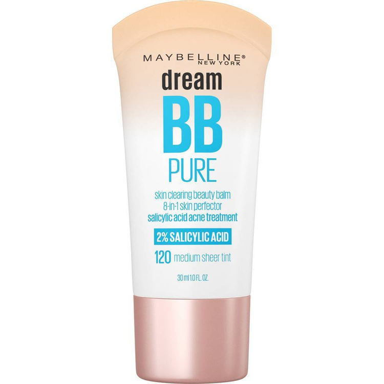 Maybelline Dream Pure BB Cream in Medium, 1 fl oz, showcasing the tube with the product label for natural skincare makeup.