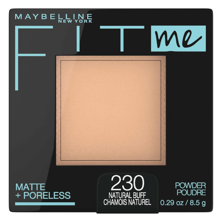 Maybelline Fit Me Matte + Poreless pressed powder in shade 230 Natural Buff, 0.29oz, for a smooth matte finish.