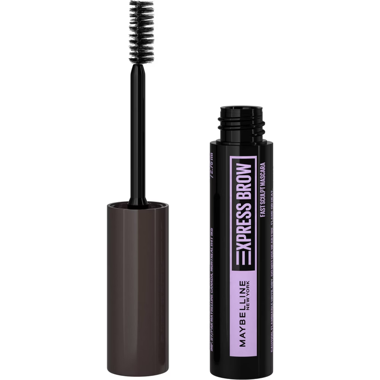 Maybelline Express Brow Fast Sculpt eyebrow gel mascara in black brown, 0.09 fl oz, applied to groomed eyebrows.