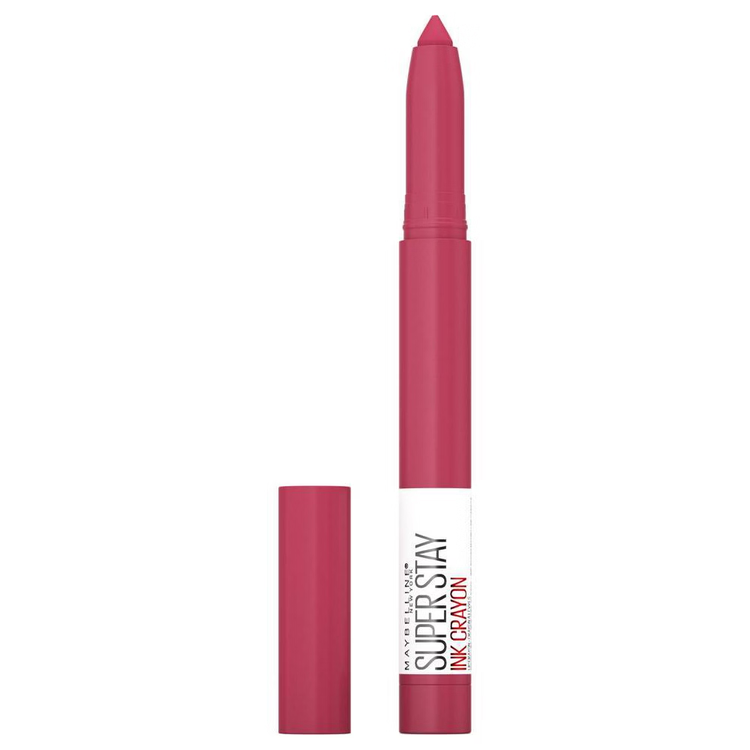 Maybelline SuperStay Ink Crayon lipstick in Run The World, showing a vibrant lipstick crayon with packaging and swatch on skin.