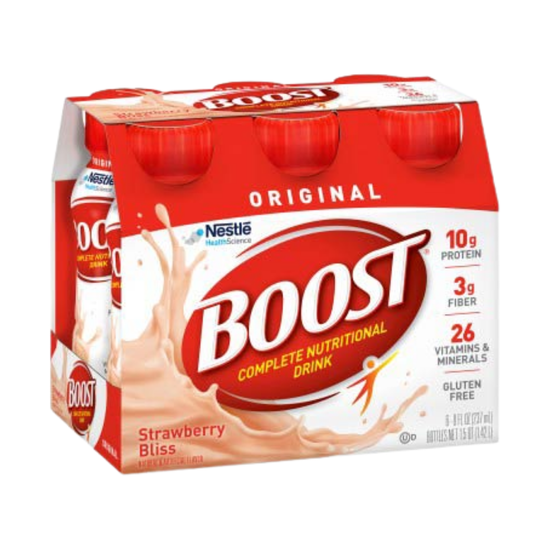 Boost Original Vanilla Nutritional Drink 6-pack by Farmacias Savia shown in a carton with vanilla flavor bottles.