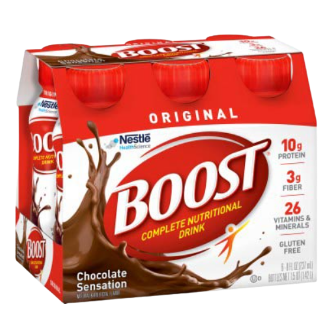 Six-pack of Boost Original Nutritional Drink in chocolate flavor by Farmacias Savia, featuring bottles with chocolate-colored labels.