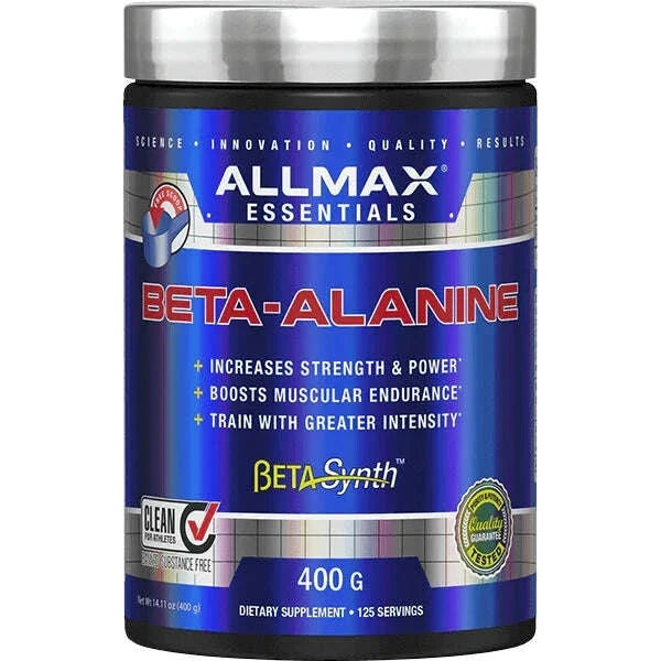 Allmax Beta-Alanine pre-workout supplement container with 125 servings, featuring a black and red label design