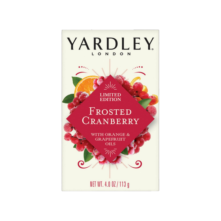 Yardley London Frosted Cranberry limited edition bar soap in 4oz packaging with festive cranberry scent and elegant design