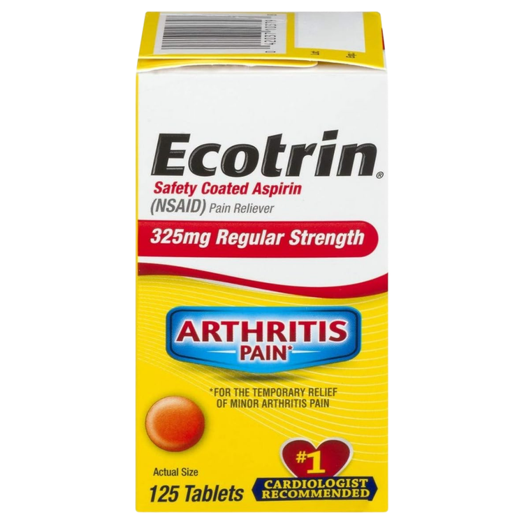 Ecotrin Regular Strength Aspirin 325mg tablets by Farmacias Savia, 125 count bottle, showing blister pack of aspirin tablets.